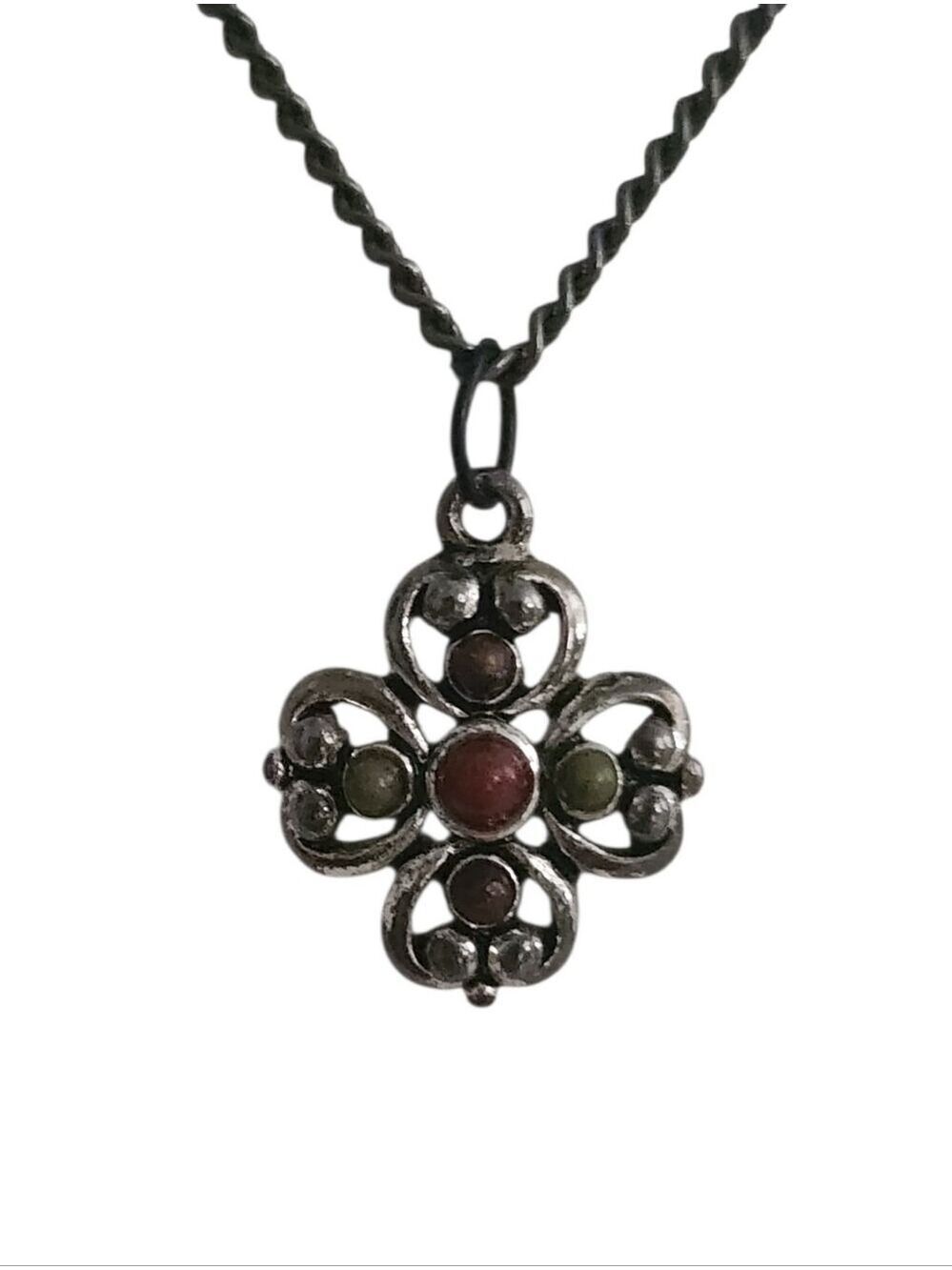 Vintage Silvertone Floral Pendant Necklace Red Olive Stones